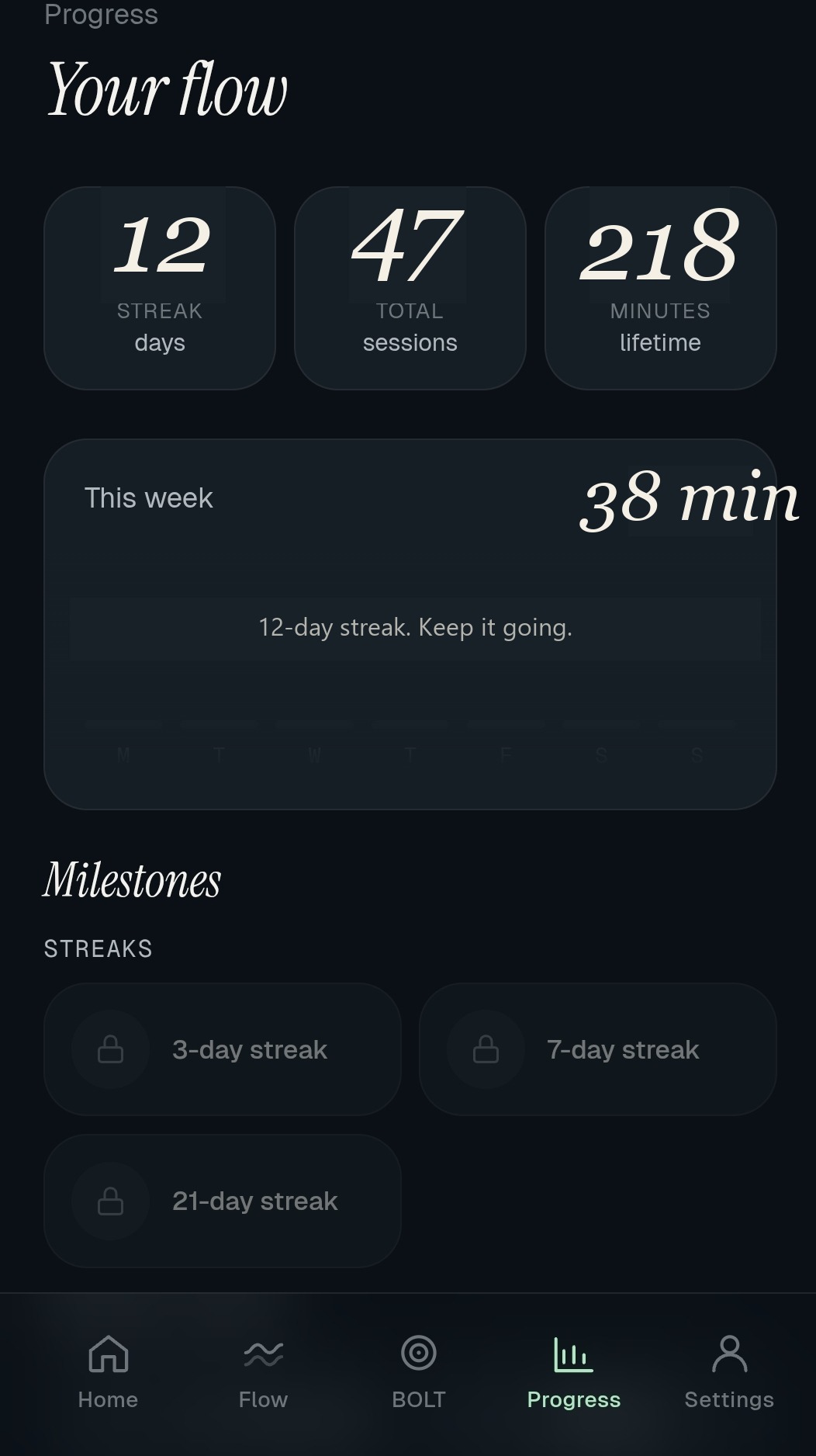 Progress — streak, total sessions, lifetime minutes