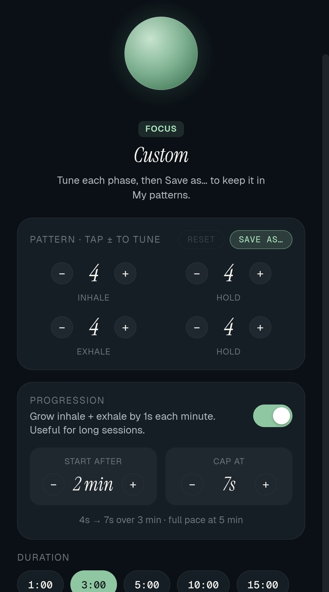 Custom pattern with progression — grow inhale and exhale by 1s each minute