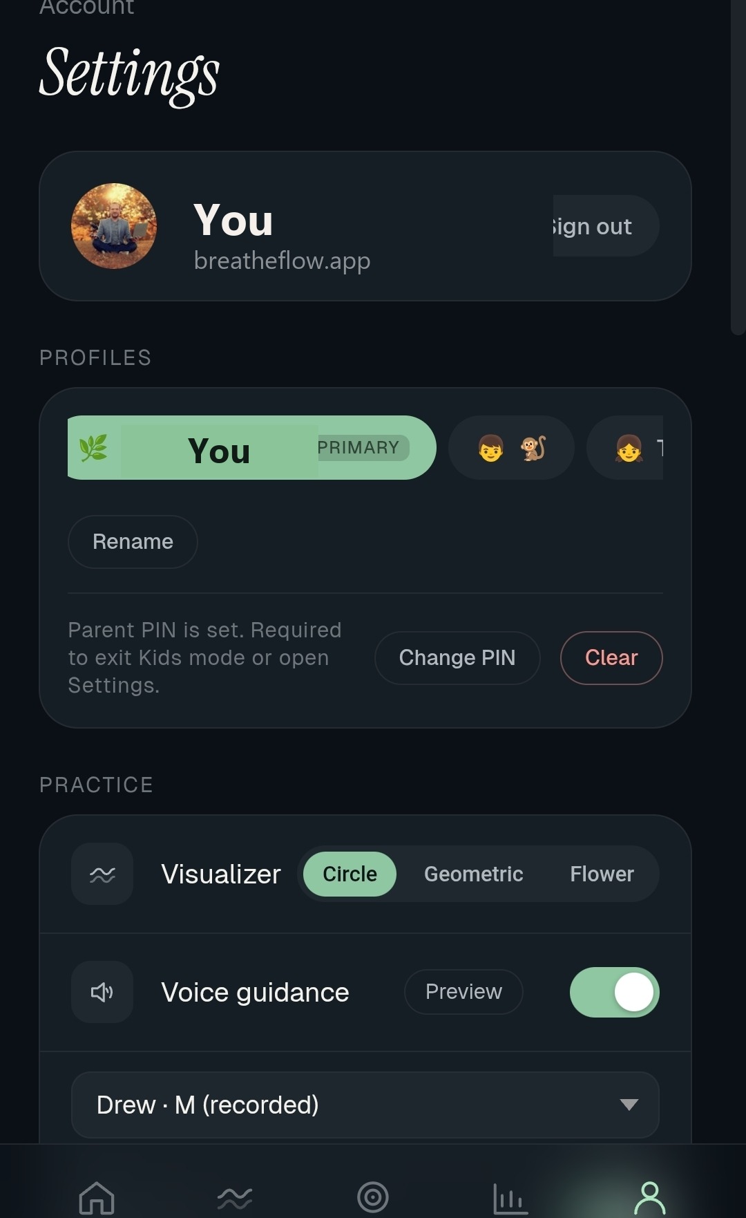 Settings — profiles, kids mode, voice and ambient sound